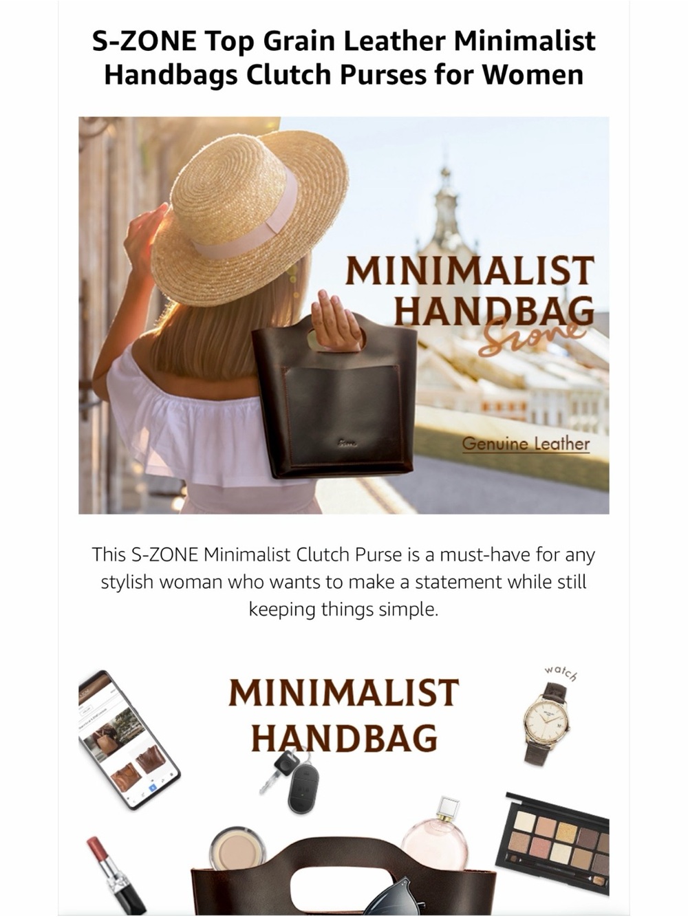 S-ZONE Minimalist Leather Tote Clutch Hand-Bag - Dark Brown Leather